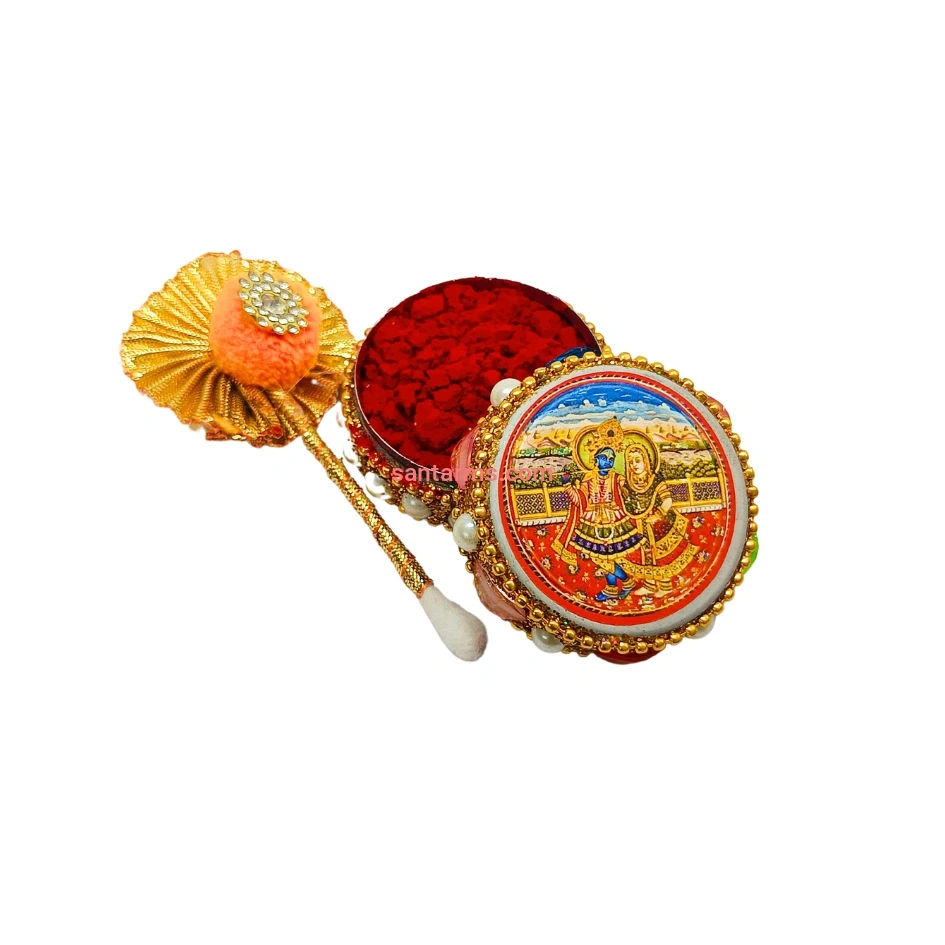 Santarms Radha Krishan Aluminium Kumkum dibbi with Sindoor and Stick, Designer Stone MotiDabbi