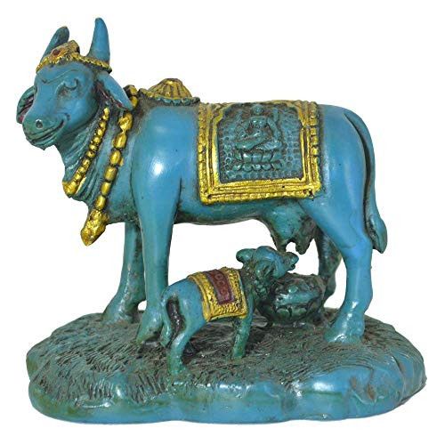 santarms Marble Cow with Baby and Calf vastu Figurine (19 cm) [Sky Blue]-brijbhoomi gau MATA Idol Cow -Marble Finish-fine handicrafts-Best for Gifting
