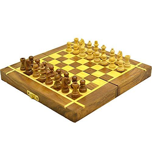 Santarms Handmade Chess Game Board Set (20.5x10x4) cm [Brown Colour]-Chess Board Made of Rosewood- Stress Booster-grahpravesham Item-grah pravesh Gift -Best for Gifting