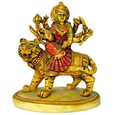 santarms Marble sherawali MATA Sitting on Tiger Multicolour -Showpiece for Table top- Home, Temple -fine Handmade-Idol sherawali MATA (Durga MATA) - Best for Gifting