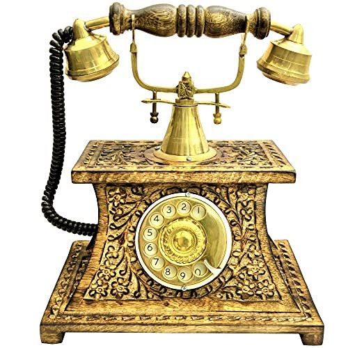 Santarms Handcraft Wooden Telephone Set (24x26x17) cm [Brown Colour]- Pure Brass Working Condition Telephone- Showpiece landline-grahpravesham Item-grah pravesh Gift-Best for Gifting
