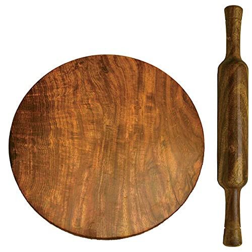 Santarms Handmade Wooden Chakla (27.5) Belan (35.5 cm) [Brown Colour]- Rolling pin Roller Thick, Wood, Roti belan, chapati Maker - grahpravesham Item - grah pravesh Gift - use as Gift