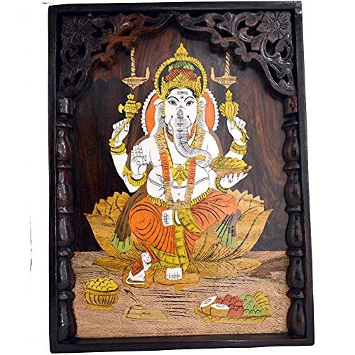 Santarms Beautiful Handcrafted Ganesh ji Wooden Inlay Wall Painting