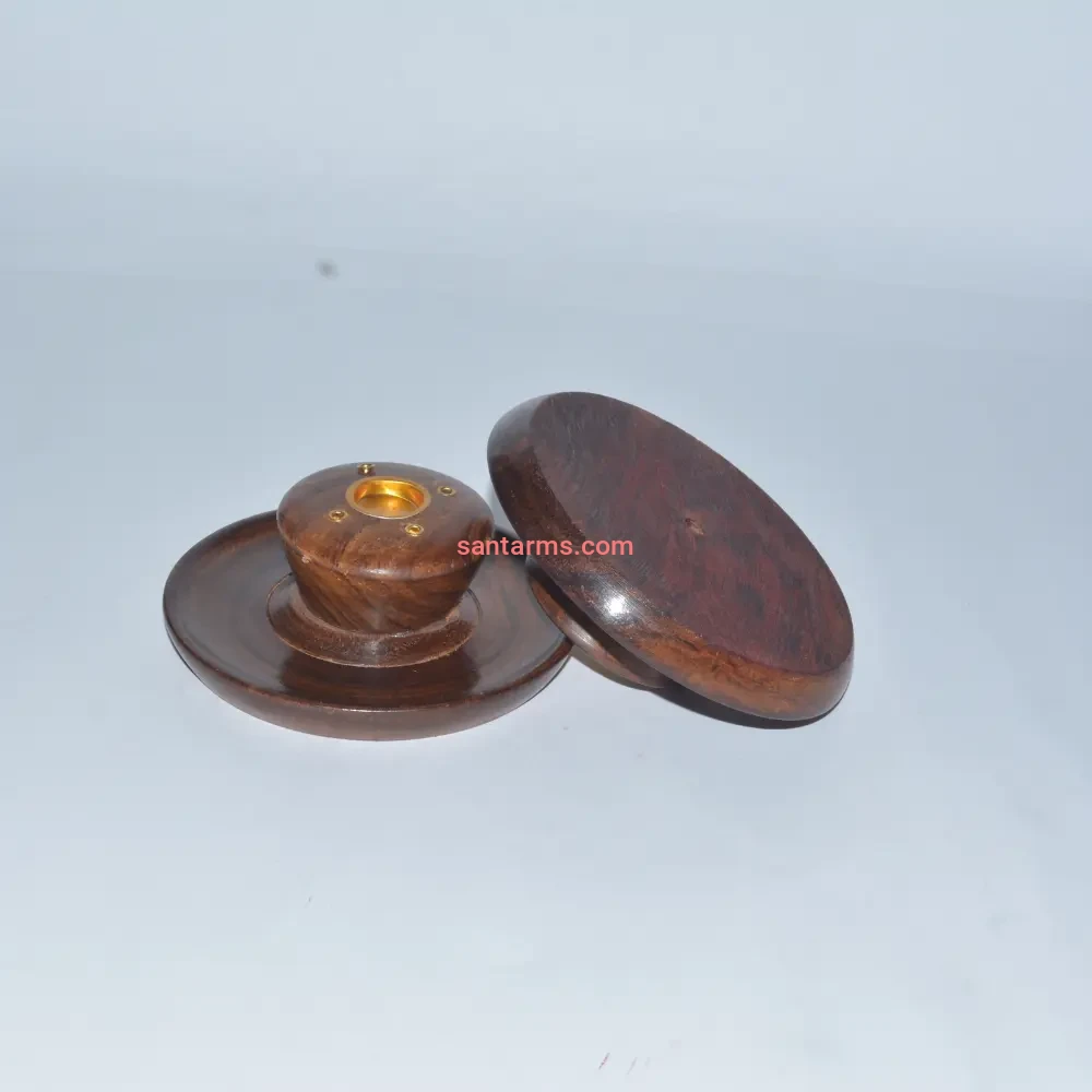 santarms wooden incense sticks holder elegant coin shape with brown finish, round design perfect islamic accessory for home and worship