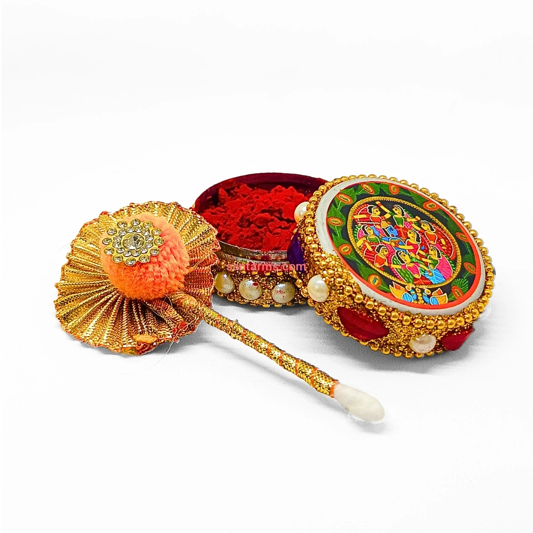 Santarms Gopiya Aluminium Kumkum dibbi with Sindoor and Stick, Designer Stone MotiDabbi