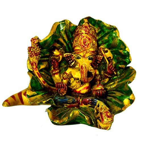 santarms Lord Ganesh with Hibiscus Flower (8 cm) Multicolour-Showpiece for Table top- Home, Temple -fine Handmade-Wooden Idol Lord Ganesha (ganapathi, Ganesh)- Best for Gifting
