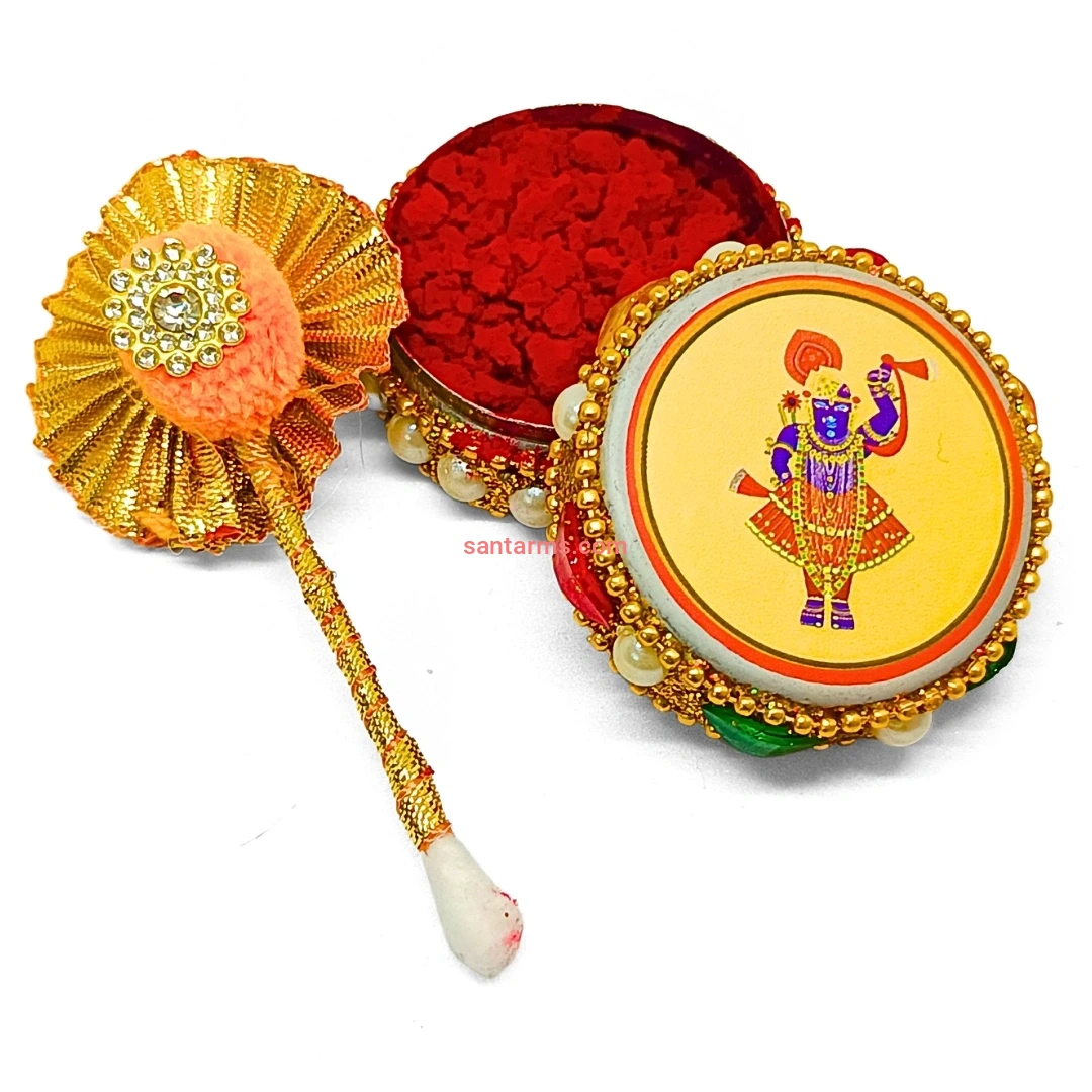 Santarms shrinath ji Aluminium Kumkum dibbi with Sindoor and Stick, Designer Stone MotiDabbi