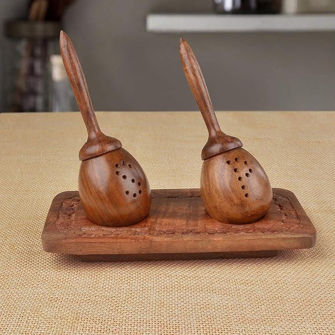 Santarms Sheesham Wooden Unique Slanting Salt and Pepper Container with Tray Condiment Set Mixer Table Top