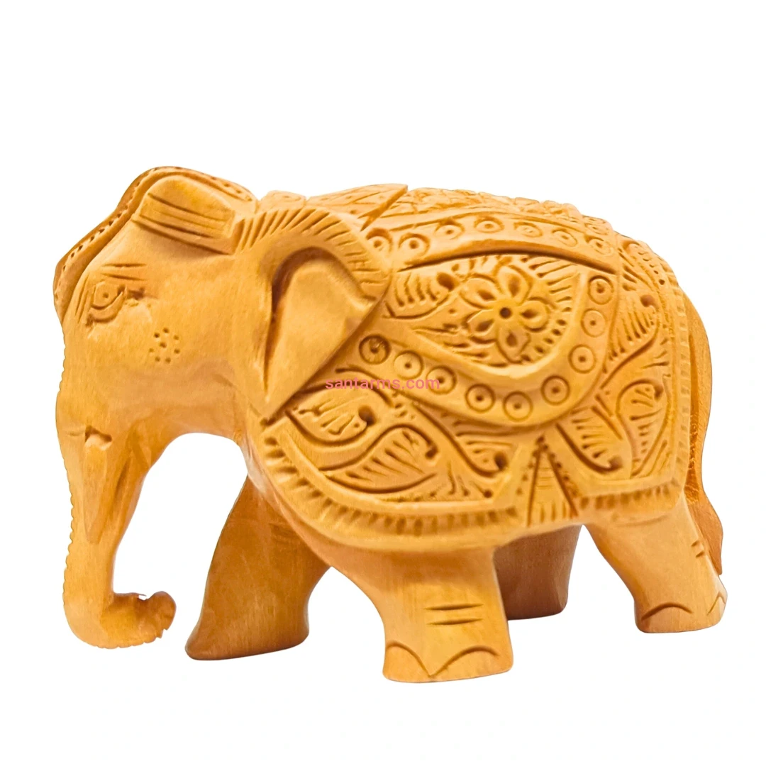 Santarms Wooden Elephant Statue Idol Exquisite 5 Inch Brown Carving Showpiece for Home Décor Diwali Elegant Figurine Unique Accent Gift