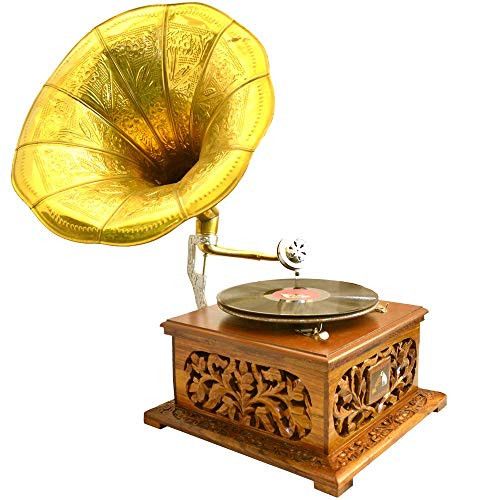 Santarms Handcrafted Vintage Gramophone (34x36x37) cm [Golden & Brown Colour]- Gramophone Phonograph ShowPiece Decorative-grahpravesham Item-grah pravesh Gift- Gift Item