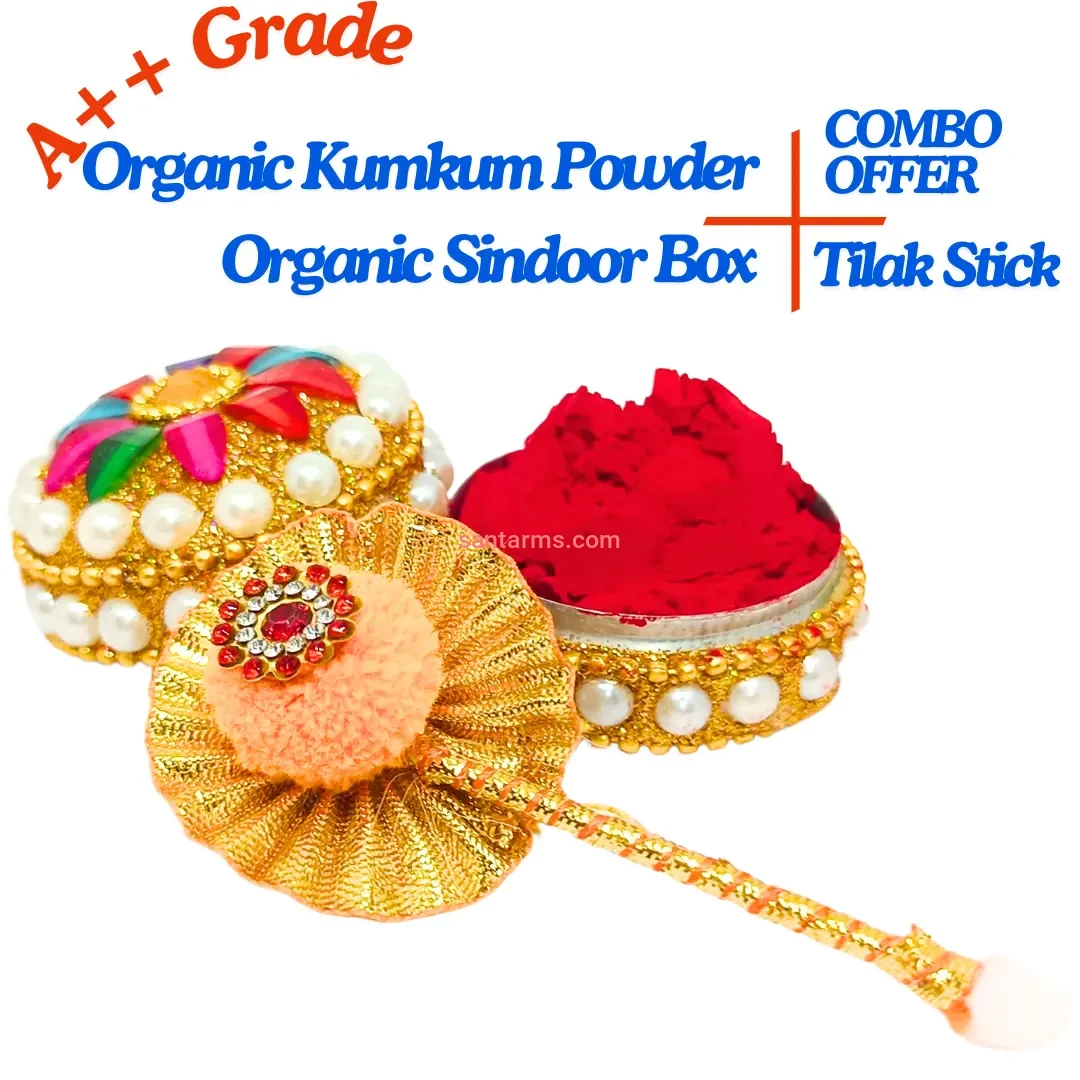 Santarms A++ Grade Natural Organic Red Sindoor Powder 10gm with Motti Kumkum box and stick For Women Suhaag Sindur With Natural Sindoor In Cute Box For Daily Use, Weddings, And Pooja COMBO OFFER, PAC