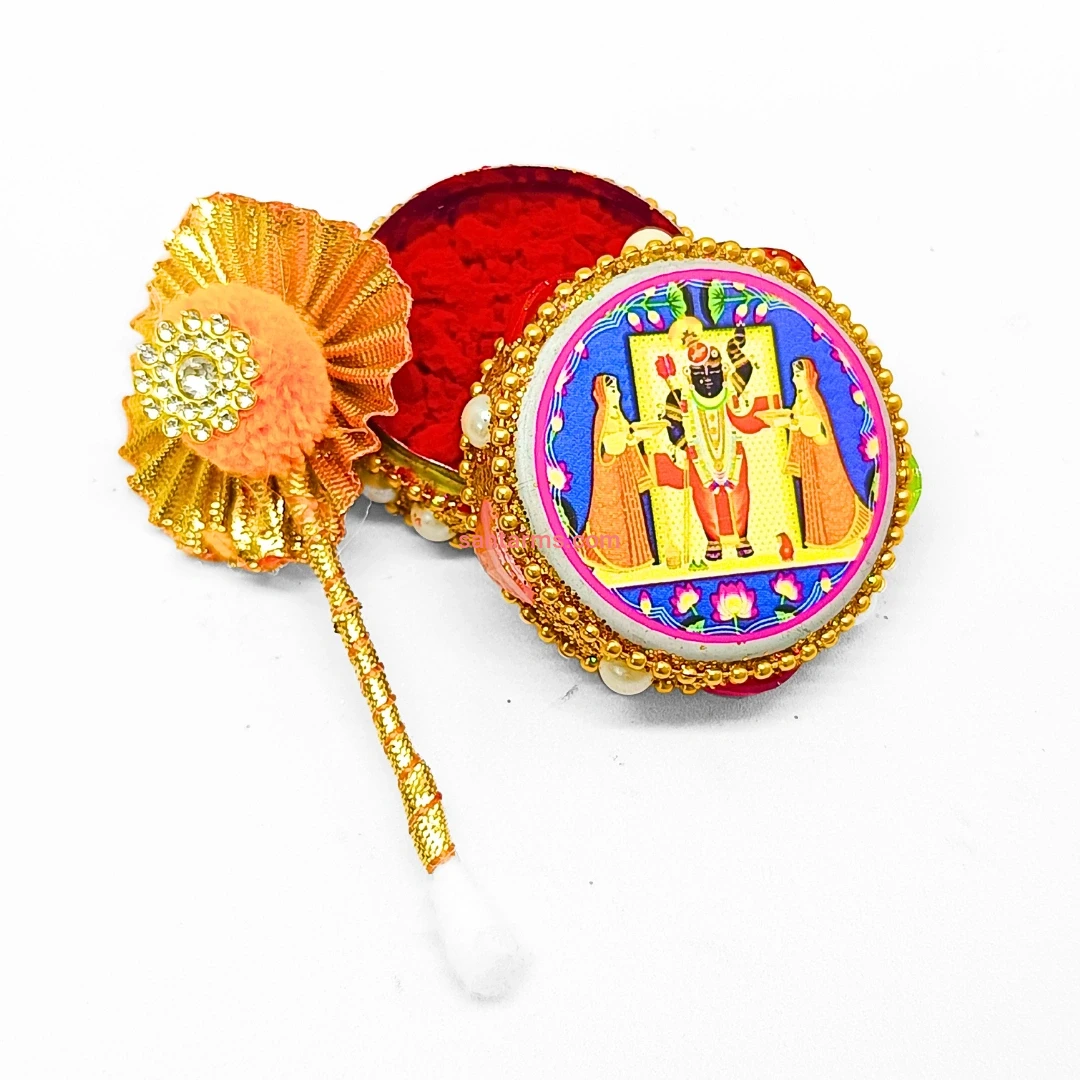 Santarms shrinath ji Aluminium Kumkum dibbi with Sindoor and Stick, Designer Stone MotiDabbi