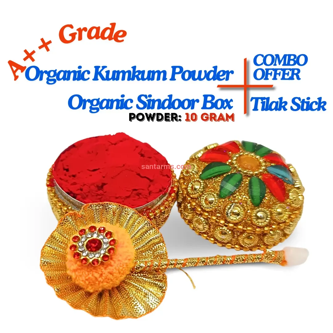 Santarms A++ Grade Natural Organic Red Sindoor Powder 10gm with Golden Kumkum box and stick For Women Suhaag Sindur With Natural Sindoor In Cute Box For Daily Use, Weddings, And Pooja COMBO OFFER, PAC