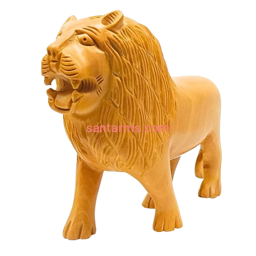 santarms Wooden Lion Statue Wildlife Figurine for Home Decor & Diwali Decoration Elegant Animal Collectible Showpiece - 5-Inch