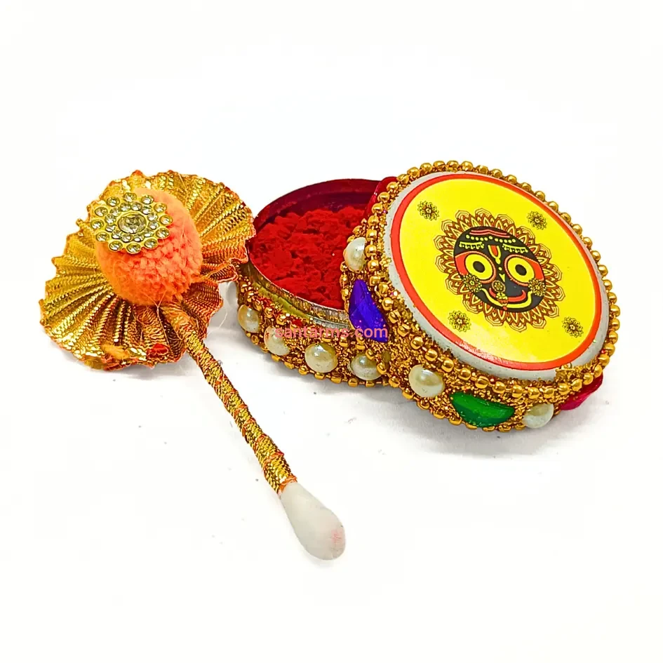 Santarms jagannath ji Aluminium Kumkum dibbi with Sindoor and Stick, Designer Stone MotiDabbi