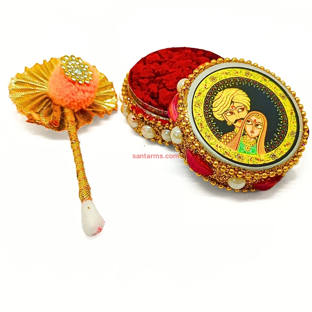 Santarms rajasthani Aluminium Kumkum dibbi with Sindoor and Stick, Designer Stone MotiDabbi