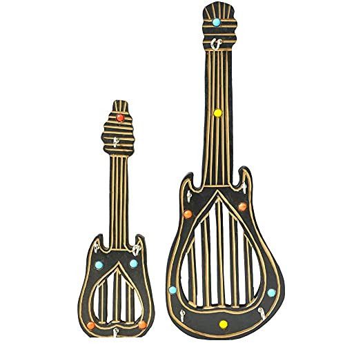 santarms Guitar Shape Handcrafted Wooden Key Holder Set (35cm) (25 cm)-Wall Hanging Decorative Key/Hanger-Safe Key Holder-grahpravesham Item-grah pravesh Gift-Black Colour